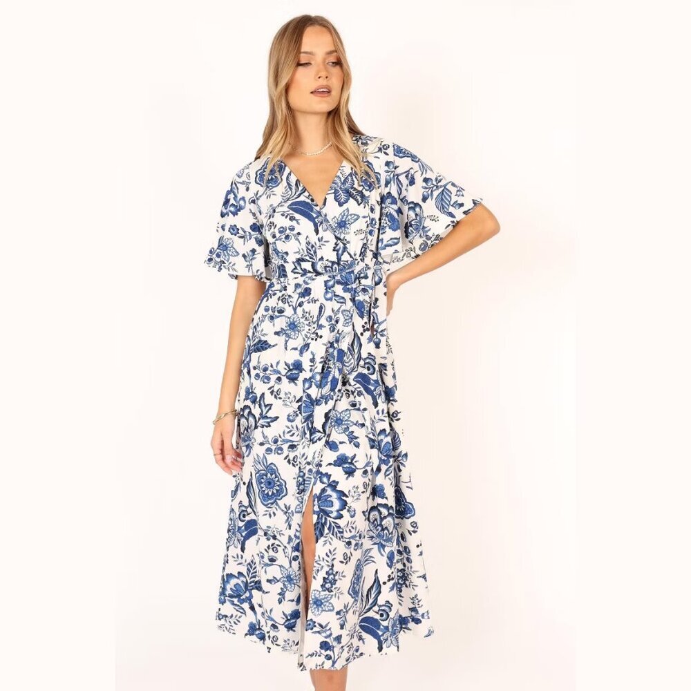 Petal & Pup Kaleen Blue & White Floral Midi Wrap Dress S - Picture 2 of 7